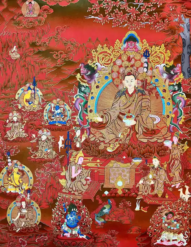 Thangka de Padmasambhava peint à la main en rouge