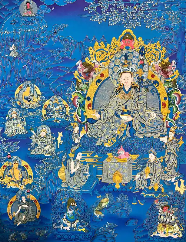Thangka peint à la main de Padmasambhava en bleu