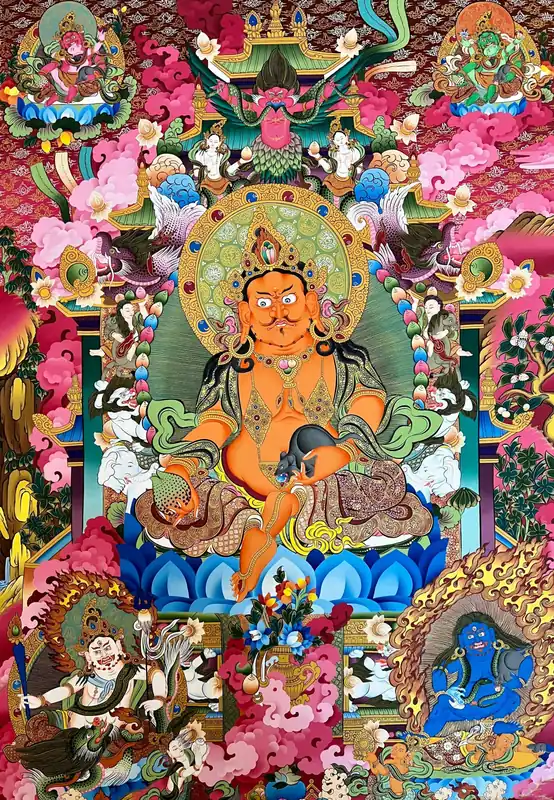 Thangka Jaune de Jambhala sur Toile de Coton