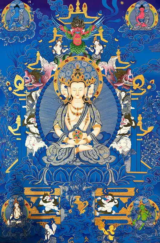 Thangka de Maha Vairochana – Toile de coton avec des accents en or