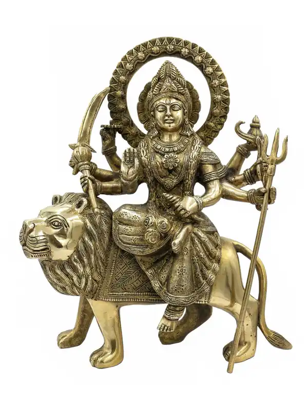 Statue en laiton de Durga sur lion – Fini brillant, 30 cm