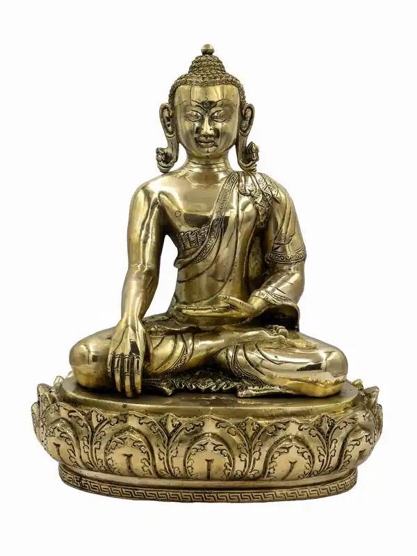 Statue de Bouddha Shakyamuni en laiton – 36 cm, Fini brillant, Symbole de l’Éveil