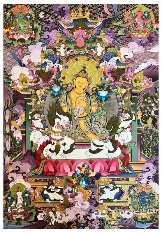 Thangka du Lion Manjushri – Peinture à la main sur toile de coton