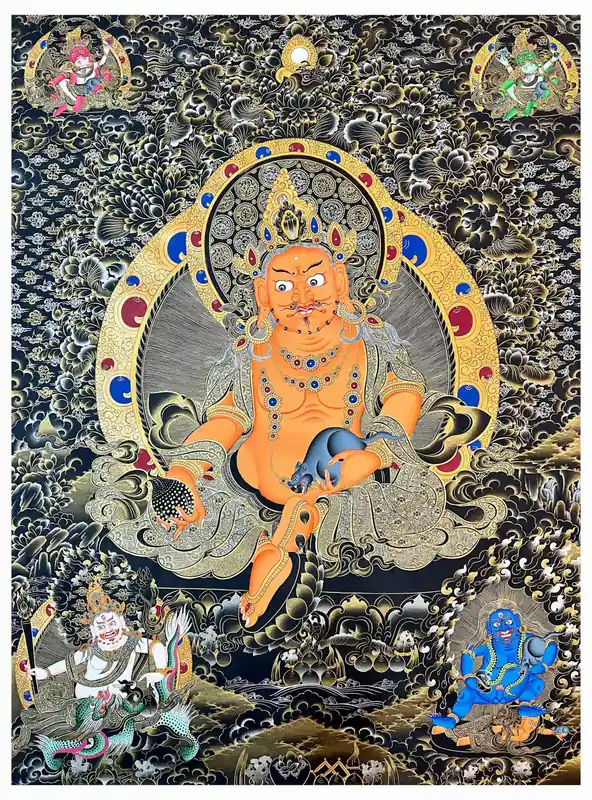 Thangka jaune de Jambhala peint à la main sur toile de coton