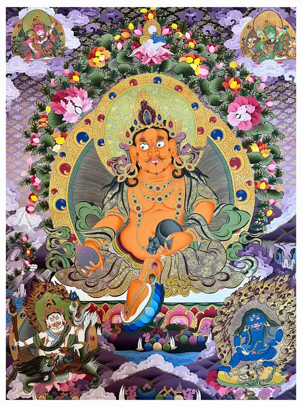 Thangka jaune de Jambhala sur toile de coton