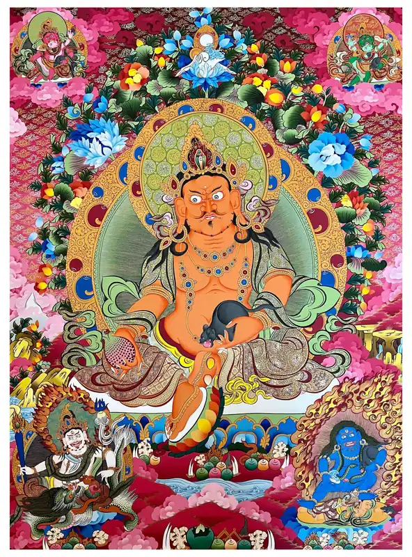 Thangka jaune de Jambhala sur toile de coton
