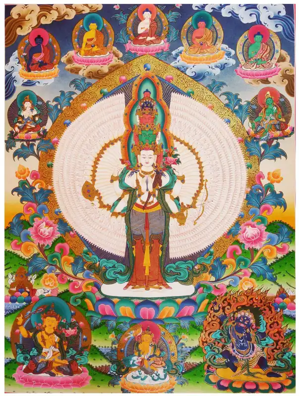Thangka de Sahasrabhuja Avalokitesvara sur toile de coton