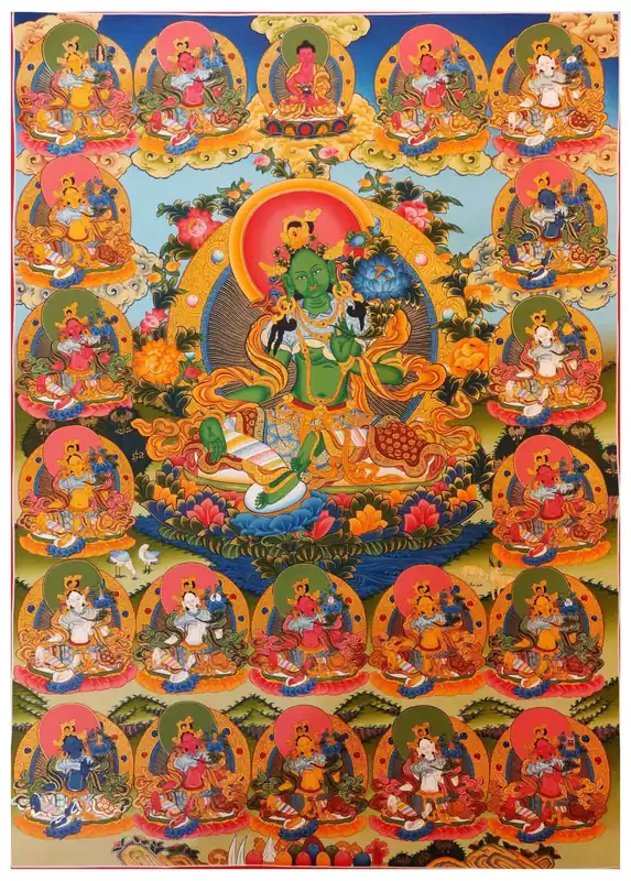 Thangka peint à la main de Tara verte sur toile de coton
