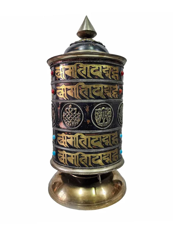 Roue à prières de table avec mantra et Ashtamangala