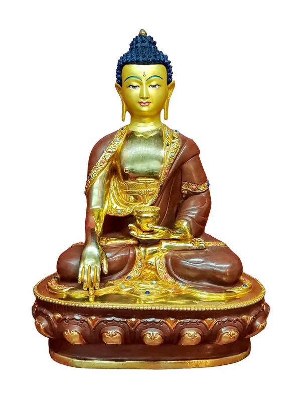 Statue de Shakyamuni Bouddha – Cuivre avec visage partiellement plaqué or et pierre peinte