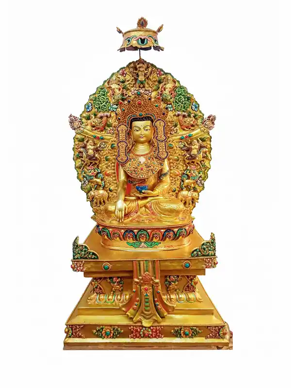 Statue de Bouddha Shakyamuni – Cuivre avec visage plaqué or, design de trône fait à la main