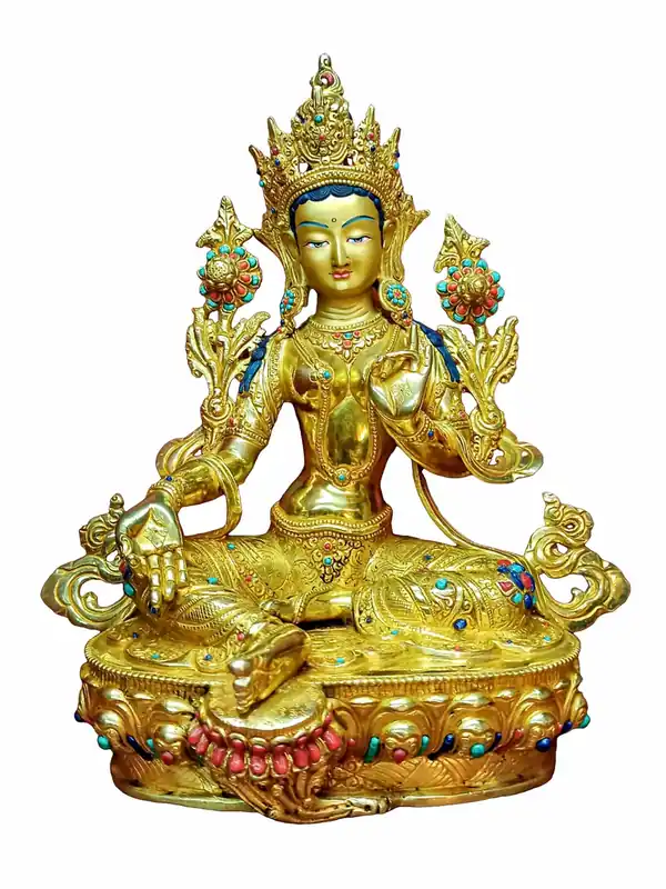 Statue de la Tara Verte avec visage plaqué or et finition en pierres