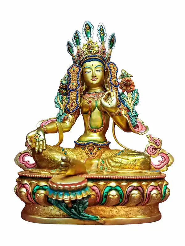 Statue de Tara Verte avec un Visage Doré et Monture en Pierre