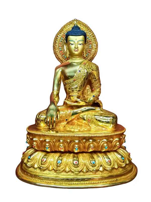 Statue du Bouddha Shakyamuni – Fabrication artisanale avec visage doré et base en cuivre
