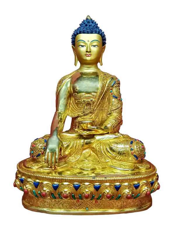 Statue de Shakyamuni Bouddha – Cuivre avec visage plaqué or et base en pierre peinte