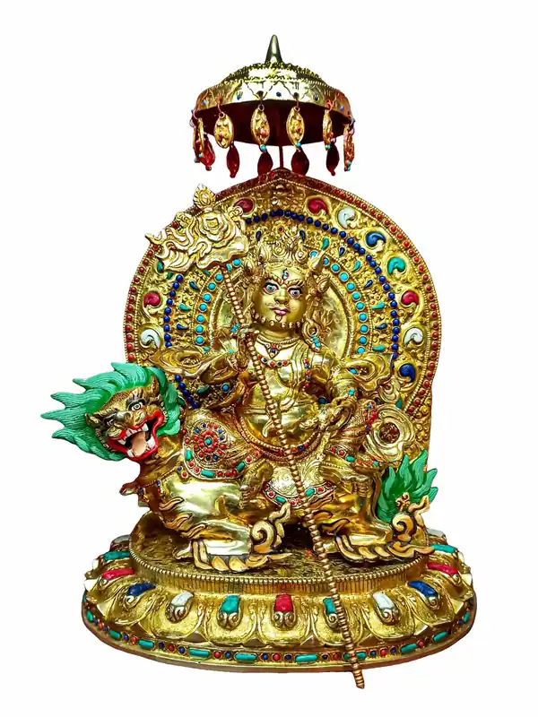 Statue majestueuse de Singha Kuber Jambhala Namtose en cuivre avec finition en or flamboyant