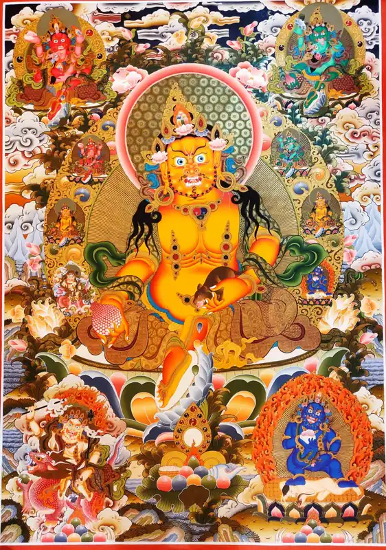Cinq Thangkas de Jambhala sur toile de coton