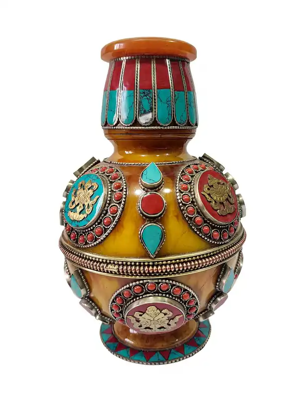 Gulpa tibétain en cuivre avec design des Ashtamangala