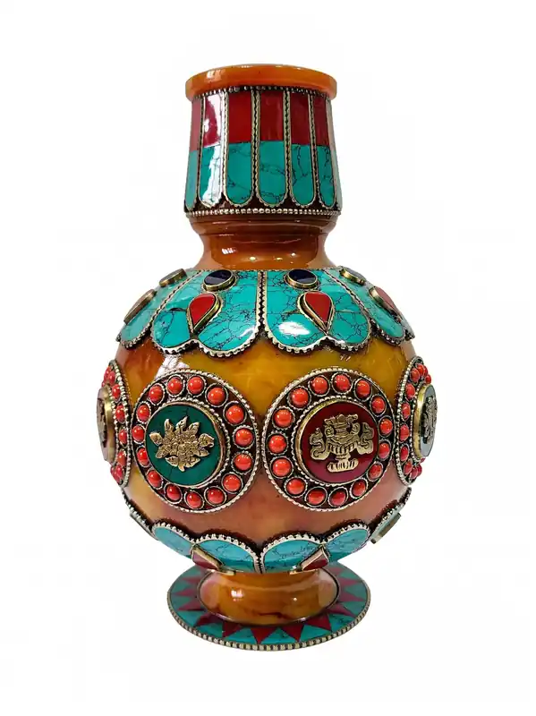 Gulpa tibétain en cuivre avec symbole d’Ashtamangala