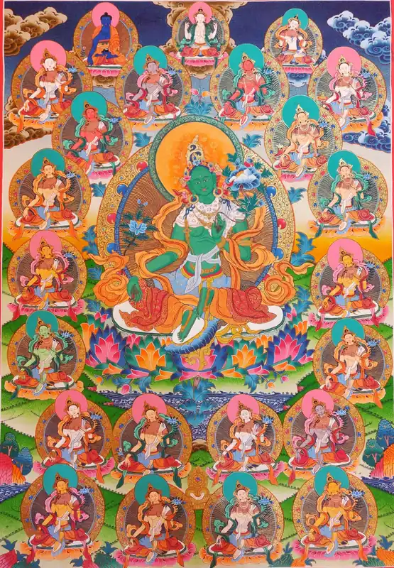 Thangka de 21 Tara sur toile en coton