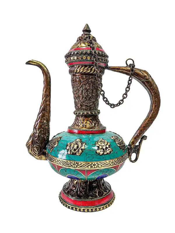 Théière en cuivre tibétaine Bhumpa avec Ashtamangala