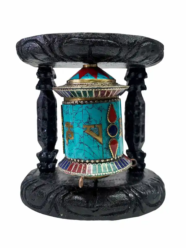 Roue de prière en cuivre avec mantra sculpté