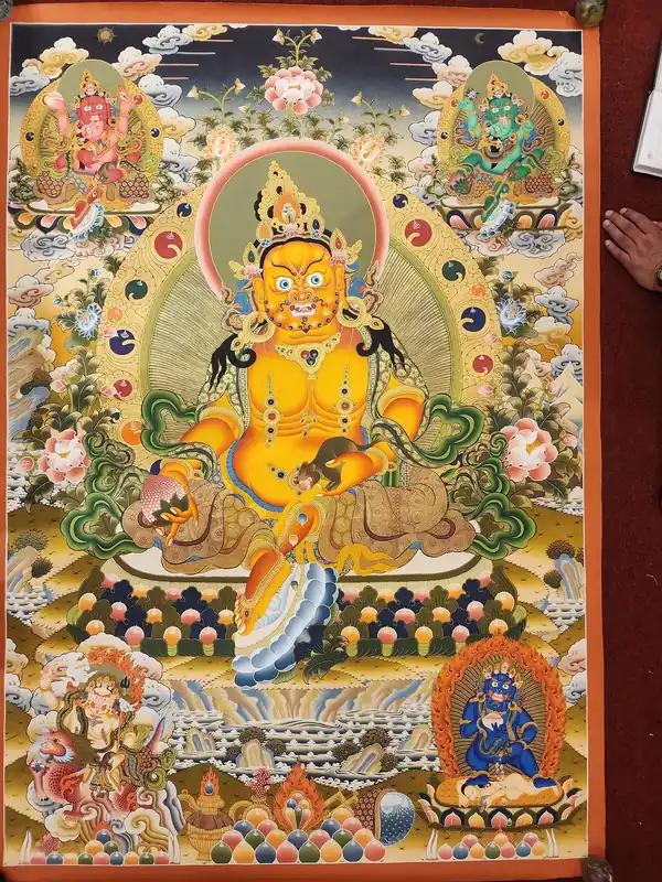 Thangka jaune de Jambhala sur toile de coton