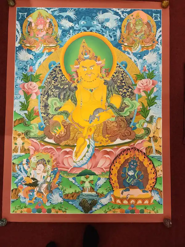 Thangka jaune de Jambhala sur toile de coton