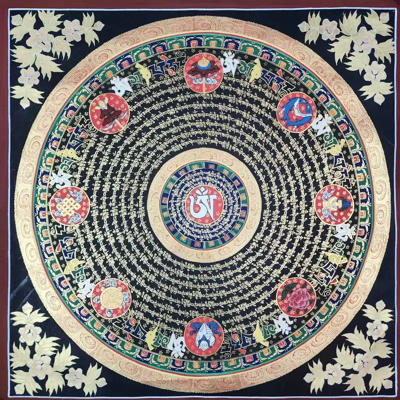 Thangka tibétain : Mandala de mantra sur toile de coton