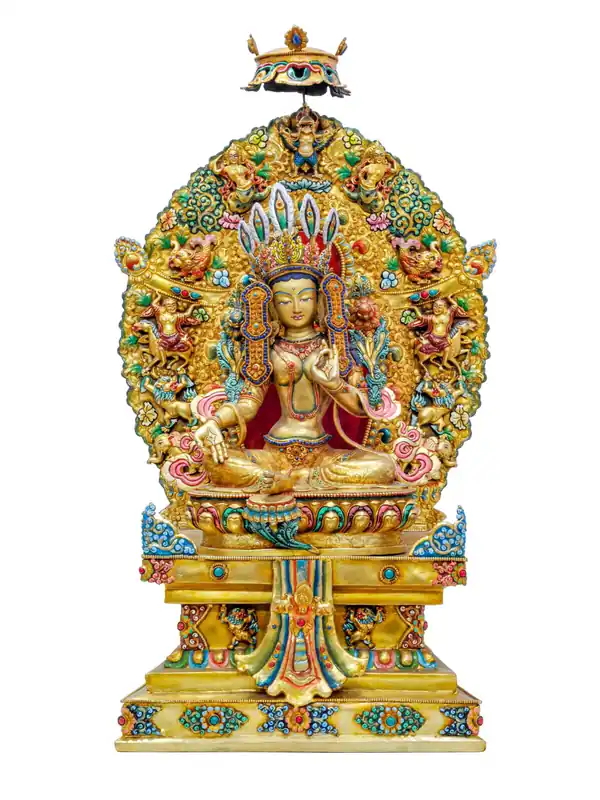 Statue de Tara Verte artisanale sur un trône entièrement plaqué en or flamboyant