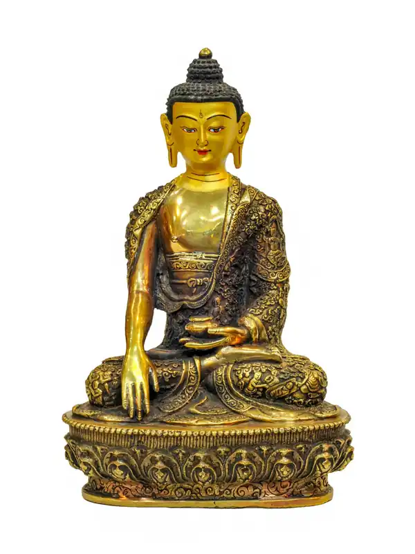 Statue du Bouddha Shakyamuni en laiton avec visage doré et détails délicats