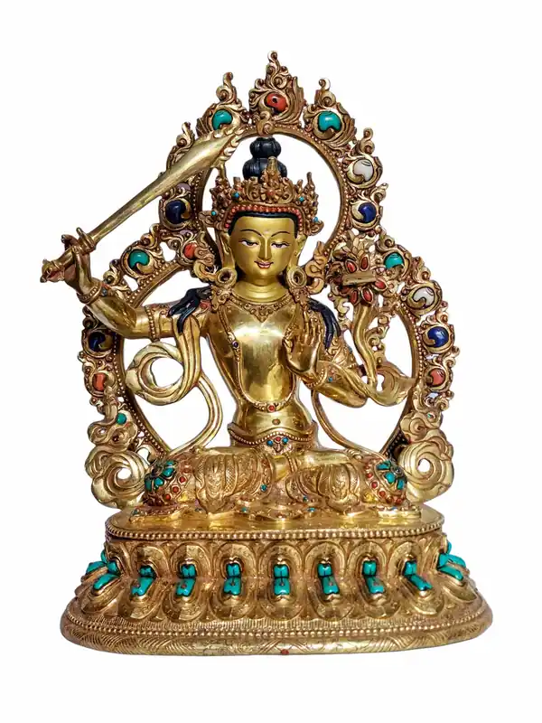 Statue de Manjushri en cuivre plaqué or