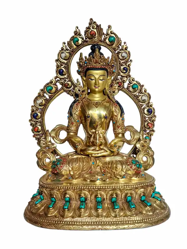 Statue de Bouddha Aparimita – Cuivre plaqué or, 28 cm