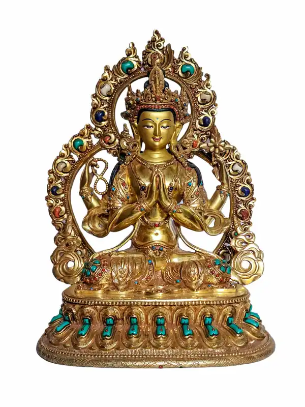 Statue de Chenrezig : Art en cuivre doré, 27 cm – Incarnation de la compassion