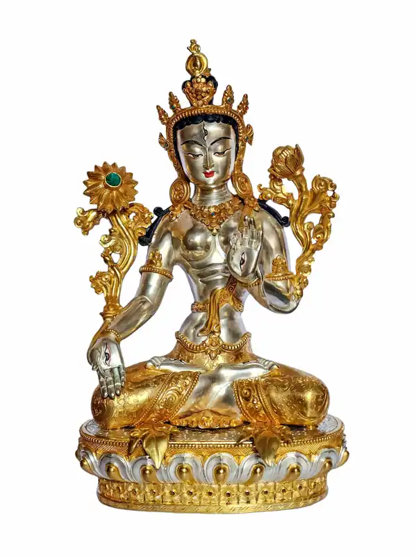 Statue bouddhiste de Tara Blanche avec finitions en or et en argent