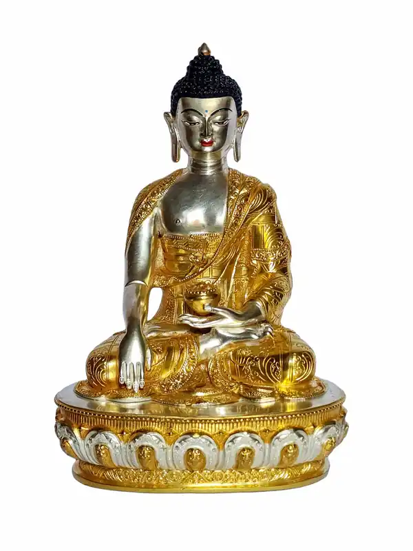 Statue en cuivre de Shakyamuni Bouddha avec plaquage d’or et d’argent