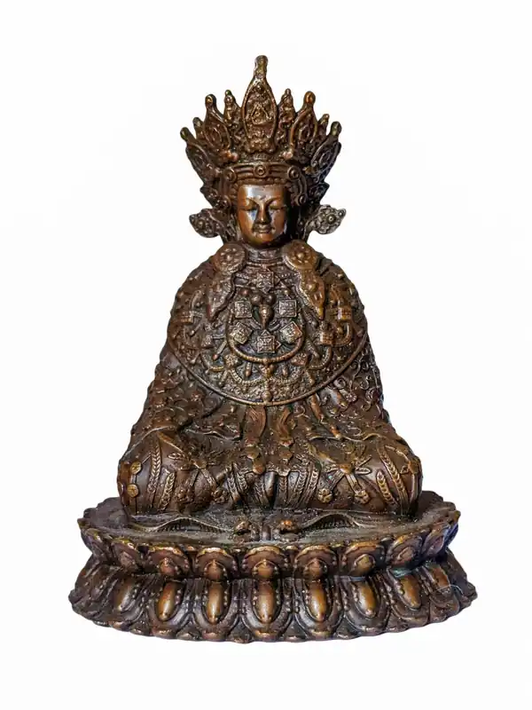 Statue miniature de Bouddha Dipankara en cuivre oxydé – Un symbole de compassion et de sagesse