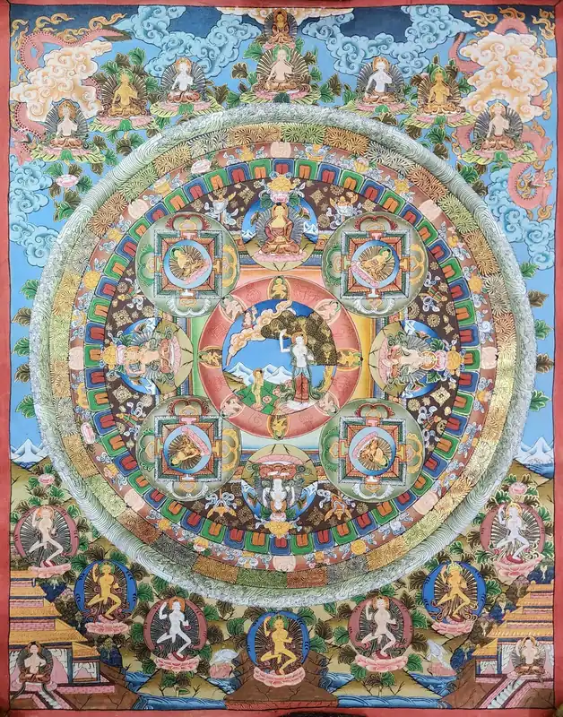 Thangka de mandala infusée d’or sur toile de coton