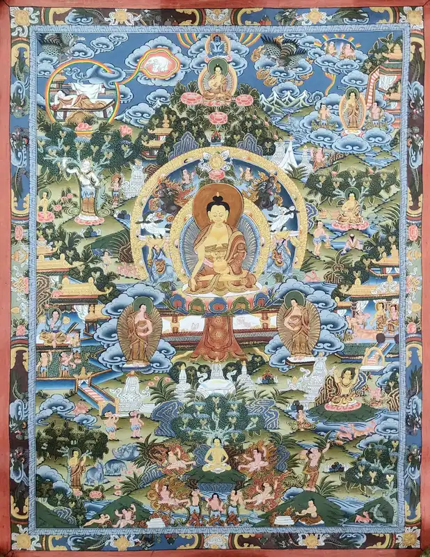 Thangka sur toile de coton représentant la Vie du Bouddha