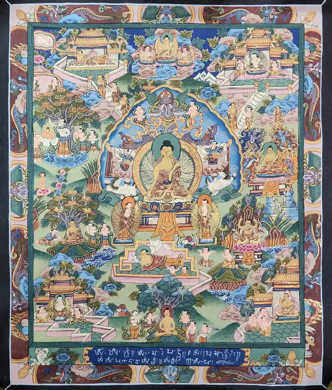 Thangka de la vie du Bouddha sur toile de coton