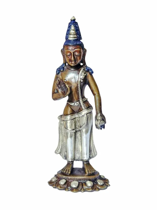 Statue en cuivre de Bouddha Maitreya avec oxydation argentée