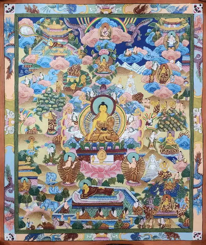 Thangka de la Vie du Bouddha sur Toile de Coton