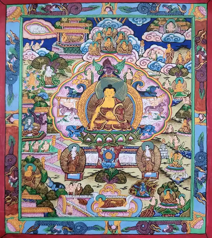 Thangka de la Vie du Bouddha sur Toile de Coton