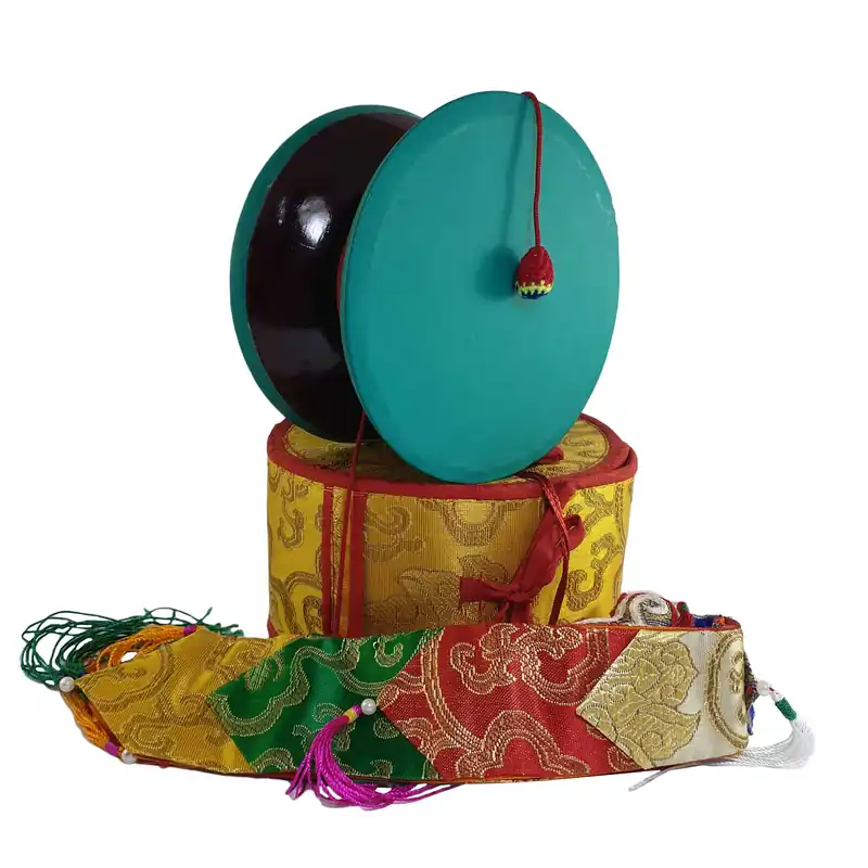 Tambour Damaru Chod tibétain en bois et cuir