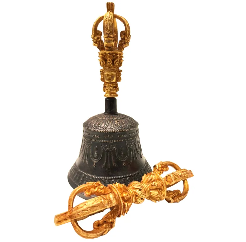 Cloche de Dehradun en laiton et en cuivre avec dorje
