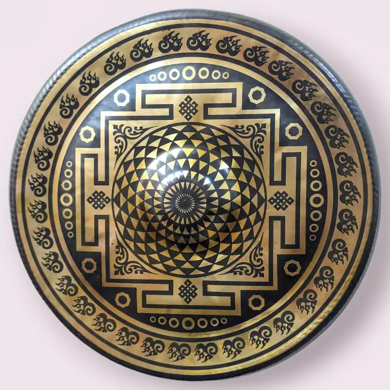 Gong en bronze magistralement sculpté avec un design floral complexe pour la méditation et la guérison