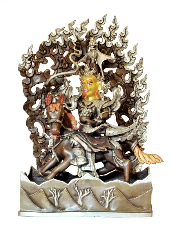 Statue de cuivre de Gyalpo Gesar avec finition oxydée en argent et chocolat