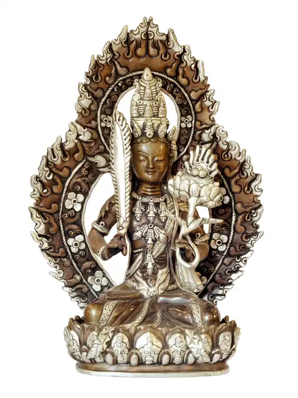 Statue bouddhiste vajrayana en finition argentée et oxydée chocolat