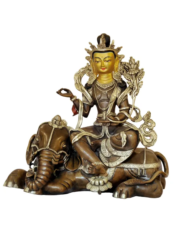 Statue de Samantabhadra en cuivre avec finition oxydée