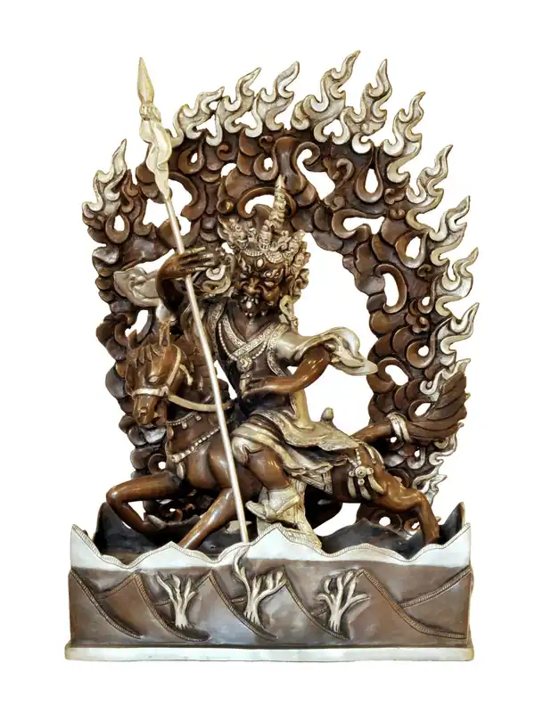 Majestueuse statue de divinité protectrice tibétaine en cuivre – 35 cm